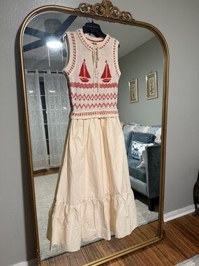 Anthropologie Cream Midi Skirt with Red Sailboat Knit Tank moon river sz L